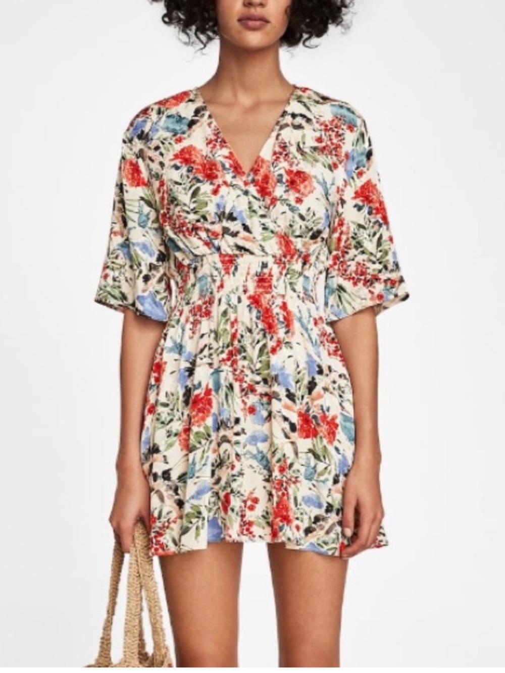 Zara Cream Floral Mini Dress with Red and Blue Accents